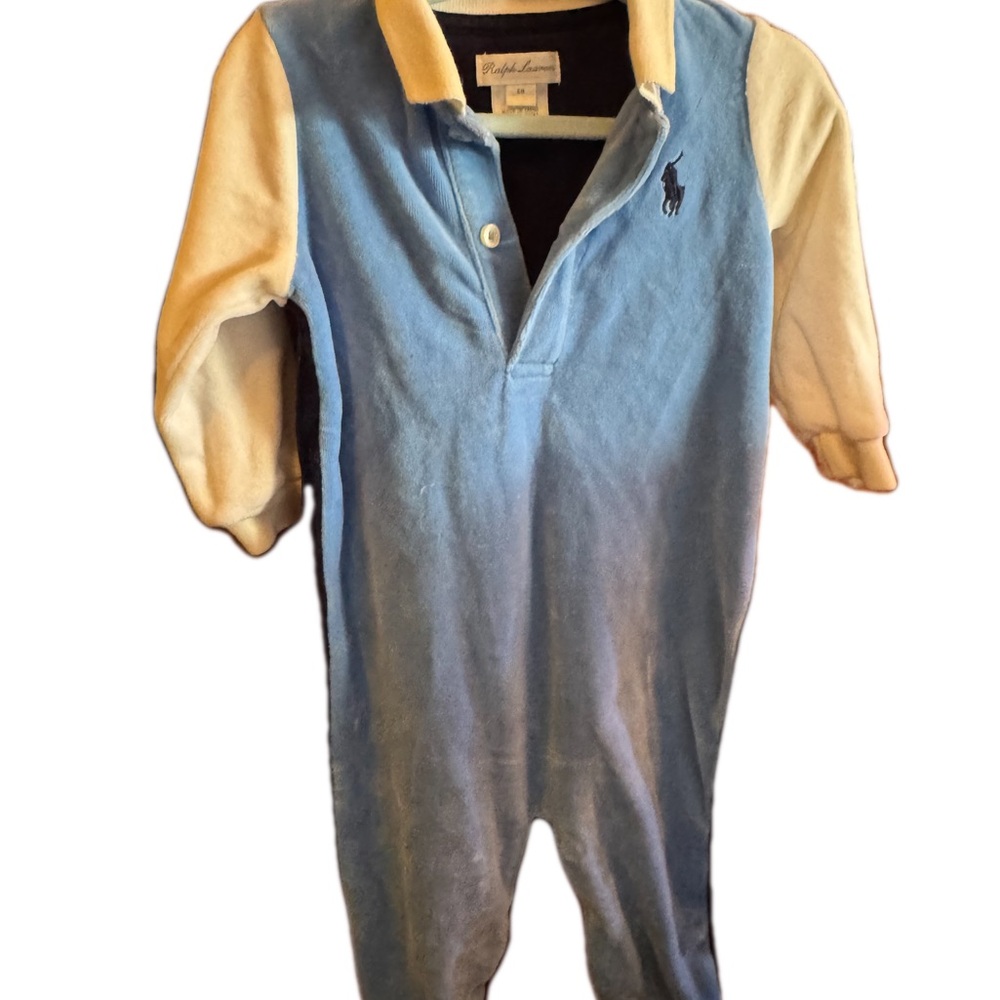 Polo Ralph Lauren Blue and White Baby Romper sleeper velvet 6 month